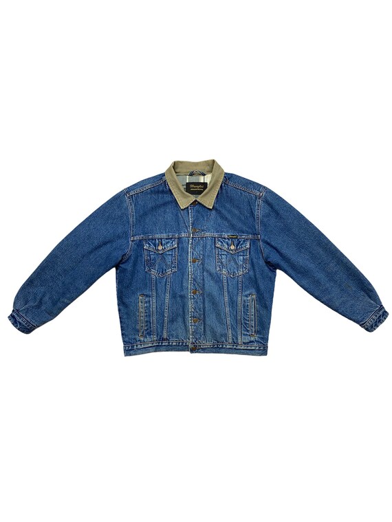 Vintage 80s 90s Wrangler Denim Jacket with Plaid Padded Lining Blue Jean Authentic Western Style Size - Mens UK Large