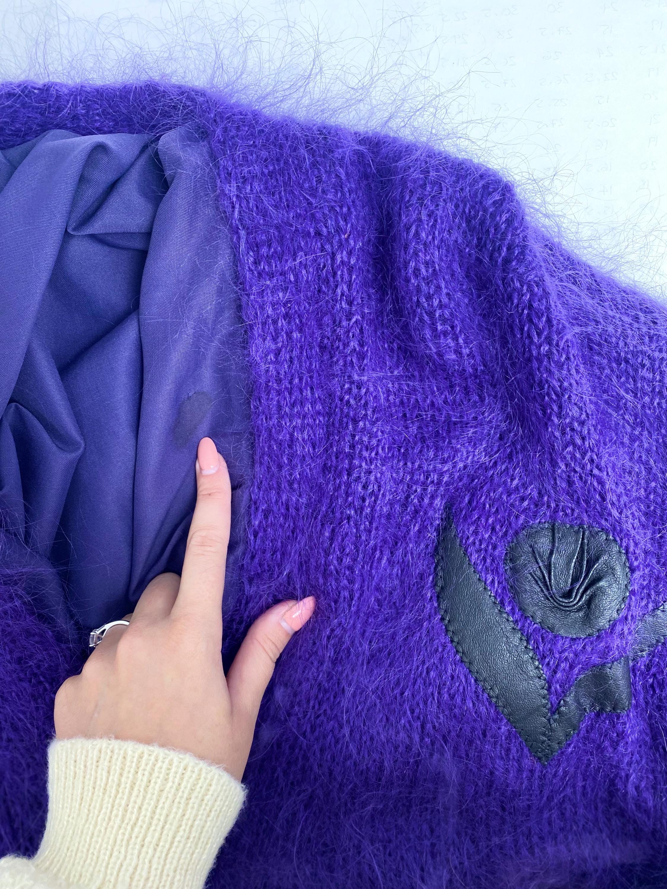80s Purple Mohair Cardigan Coat With Black Floral Appliqué