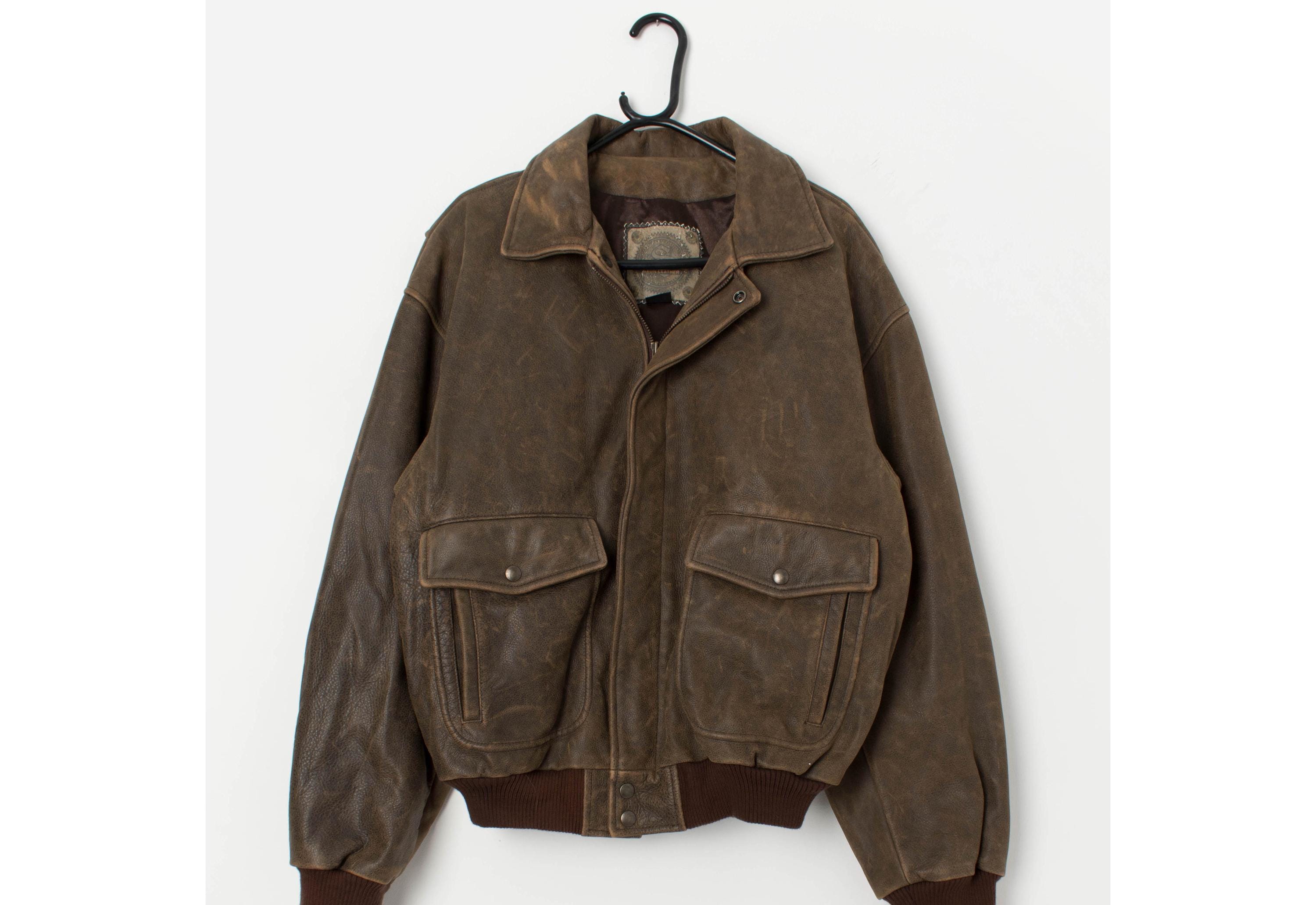 【Vintage】lether bomber jacket Vintage Distressed Brown Leather Bomber Jacket – Classic