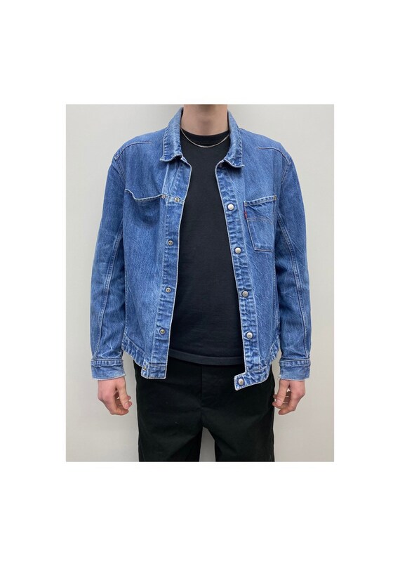 Mens Vintage Levis Engineer Jacket Mid Wash Denim Y2k Silver Poppers - Size Men's M / L