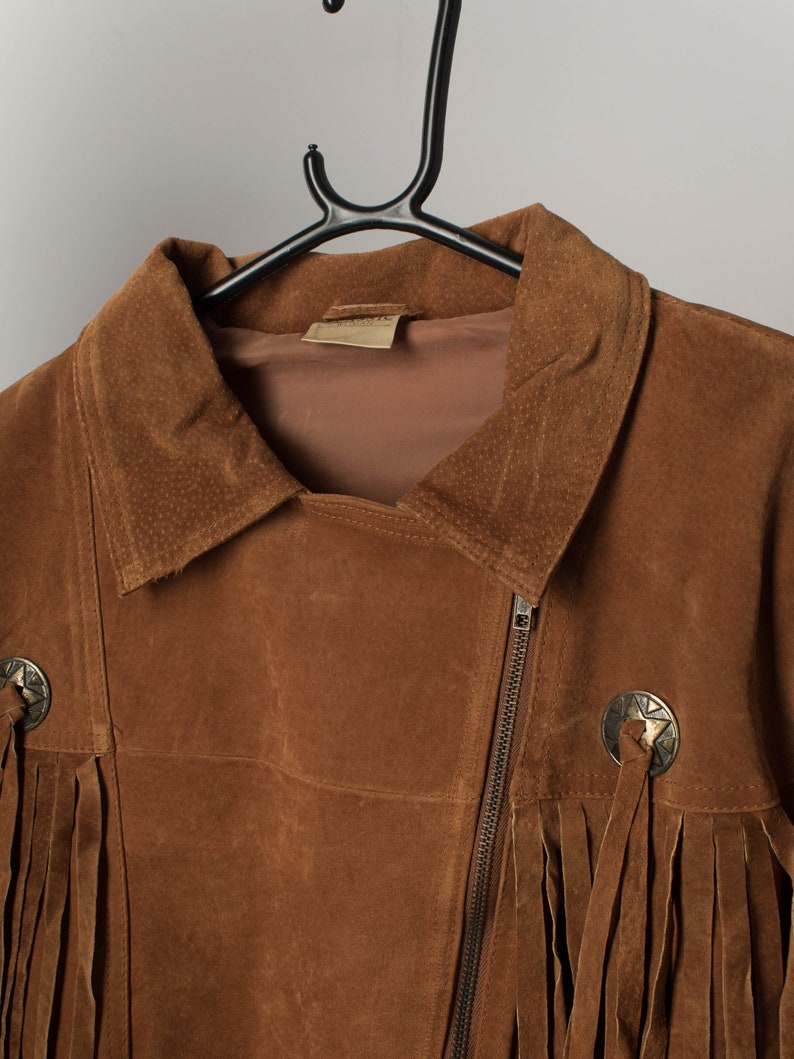 Vintage suede Jacket tan brown with belt and fringe details 1980s Western inspired Small image 3