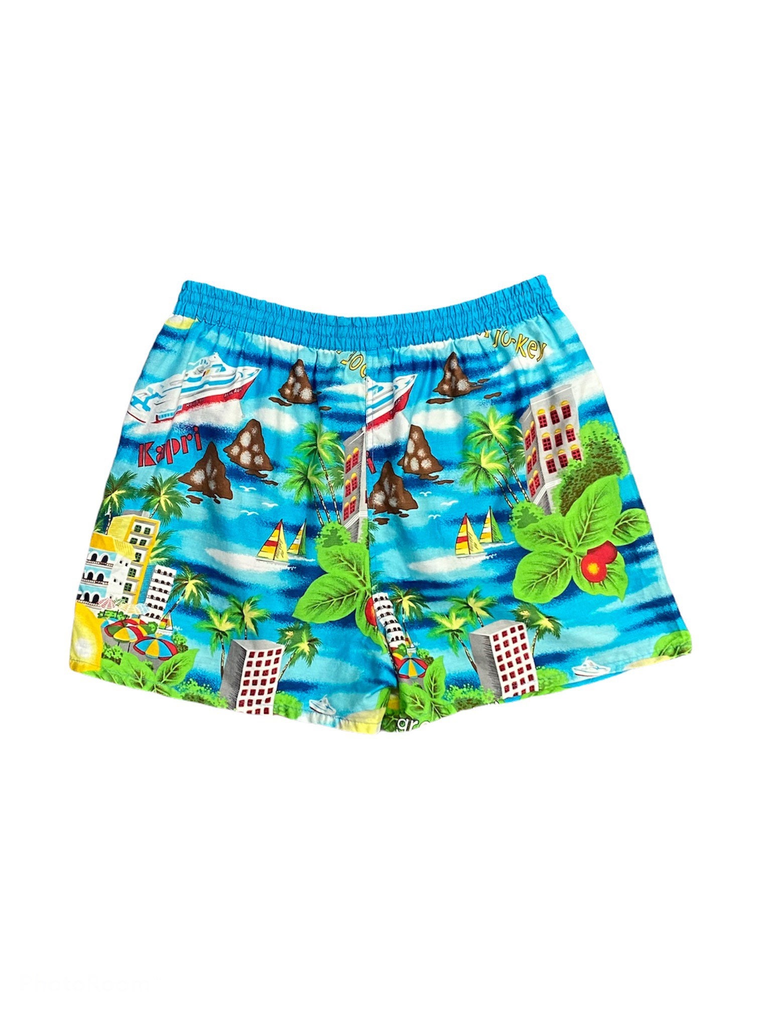 StCyrVintage Vibrant 90s Vintage Board Shorts Island Resort Design Tropical Boats Fruit Palm Trees Hotels Vacation Beach Blue Green - Waist Size UK 28