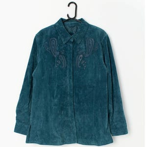 Veste vintage en daim bleu canard à motif cachemire par Beth Terrell - Moyenne / Grande