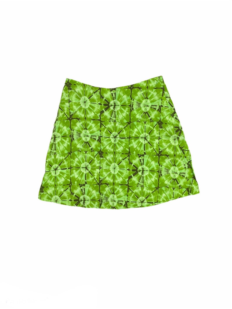 Waist 28\u201d 90s Naf Naf Skirt Green Tie-Dye Psychedelic Patterned Vintage Vtg Mini Skirt