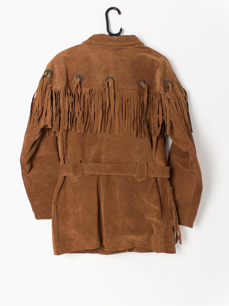 Vintage suede Jacket tan brown with belt and fringe details 1980s Western inspired Small image 4