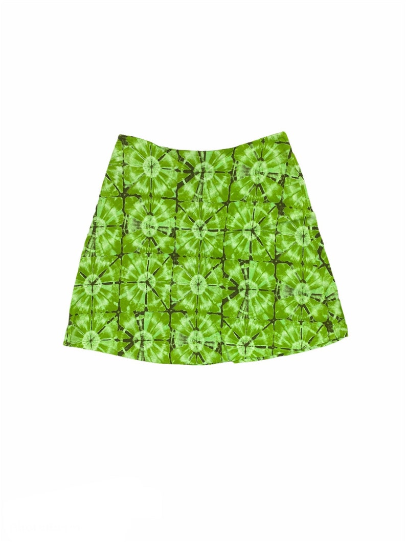 Waist 28\u201d 90s Naf Naf Skirt Green Tie-Dye Psychedelic Patterned Vintage Vtg Mini Skirt