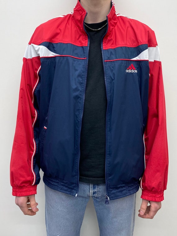 Adidas Windbreaker Sports Jacket in Navy and Red with Three Stripes - Medium