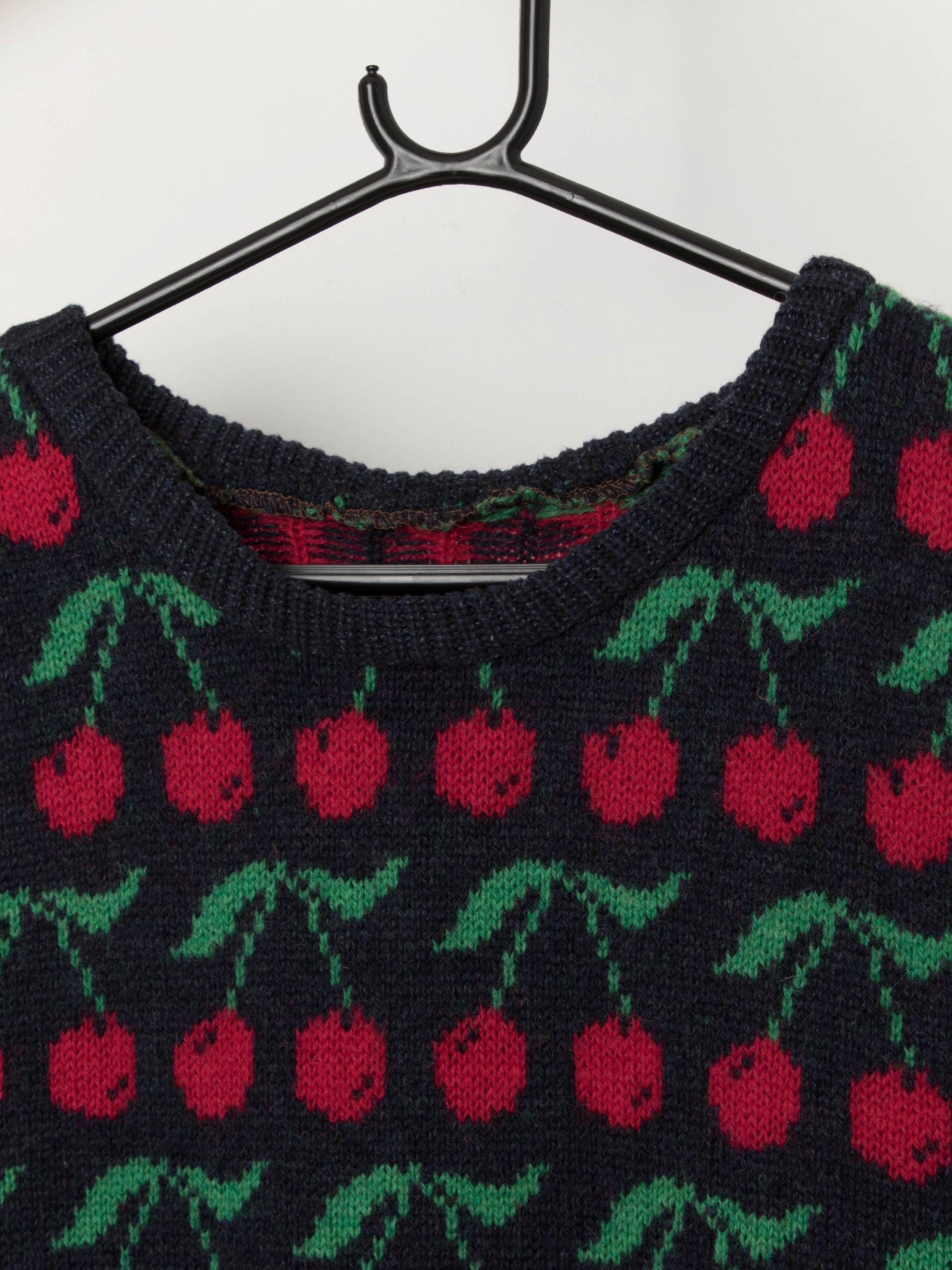 Vintage Knitted Cherry Wool Vest in Navy Blue and Red, Fruit Vintage Knitted Cherry Wool Vest in Navy Blue and Red, Fruit