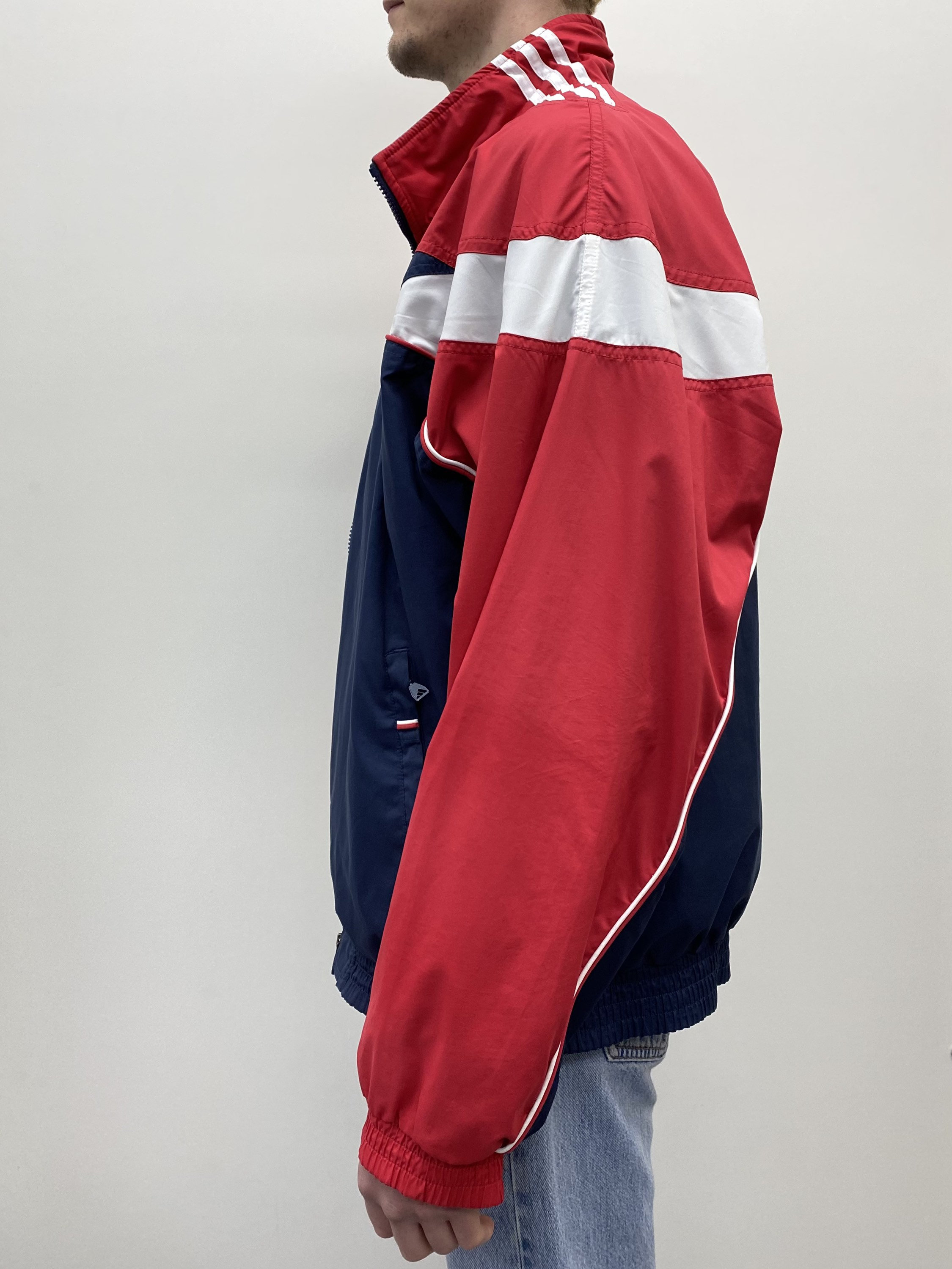 Adidas Windbreaker Sports Jacket in Navy and Red with Three Stripes - Medium
