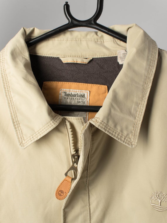 Mens Timberland Cotton Fleece Lined Harrington Jacket in Beige with Leather Trim - Medium