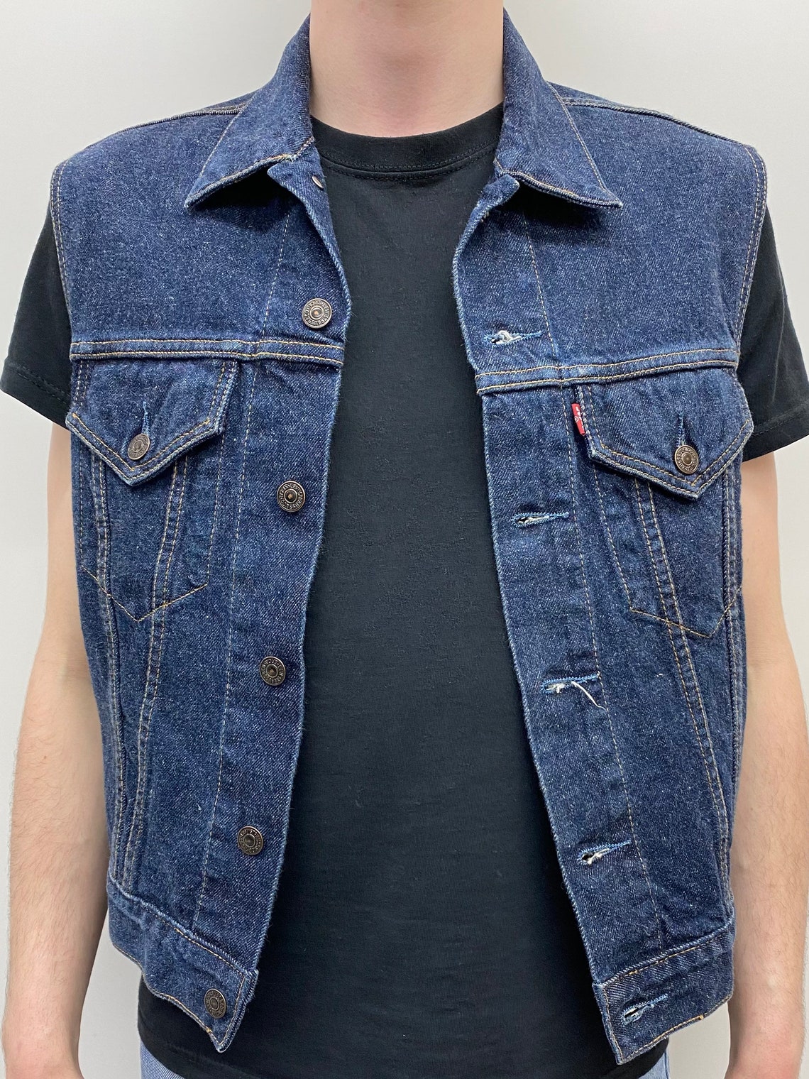 Vintage Mens Levis Sleeveless Denim Jacket Dark Blue with Tan Etsy