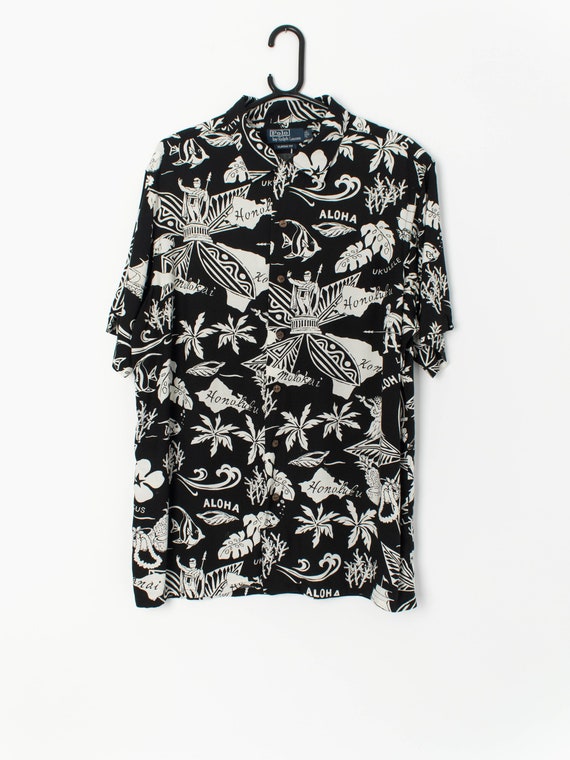 90s Vintage Ralph Lauren Hawaiian Shirt Bold in Black and White 