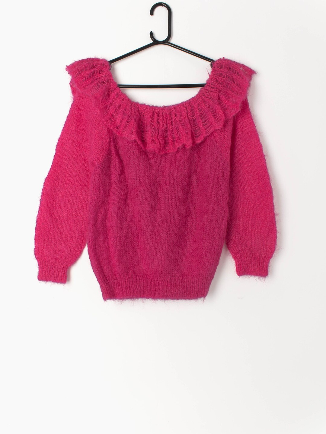 Vintage Hot Pink Mohair Jumper With Large Ruffle Collar Hand Knitted
