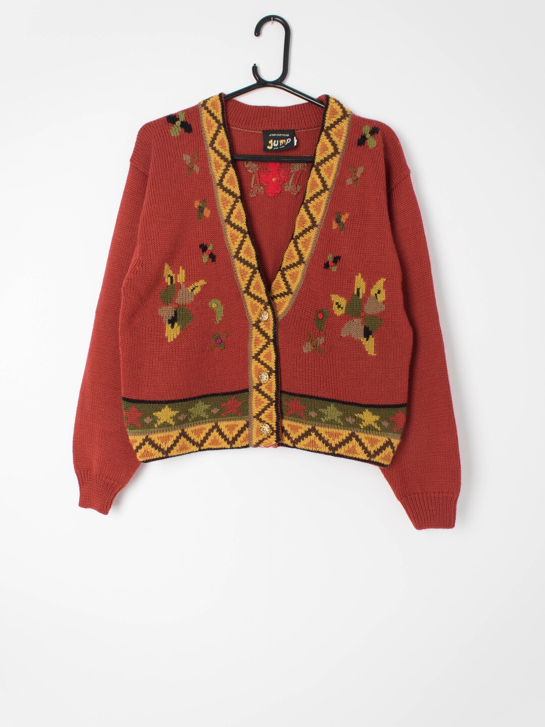 Womens Vintage Cardigan in Rust Red With Lovely Floral Pattern - Etsy