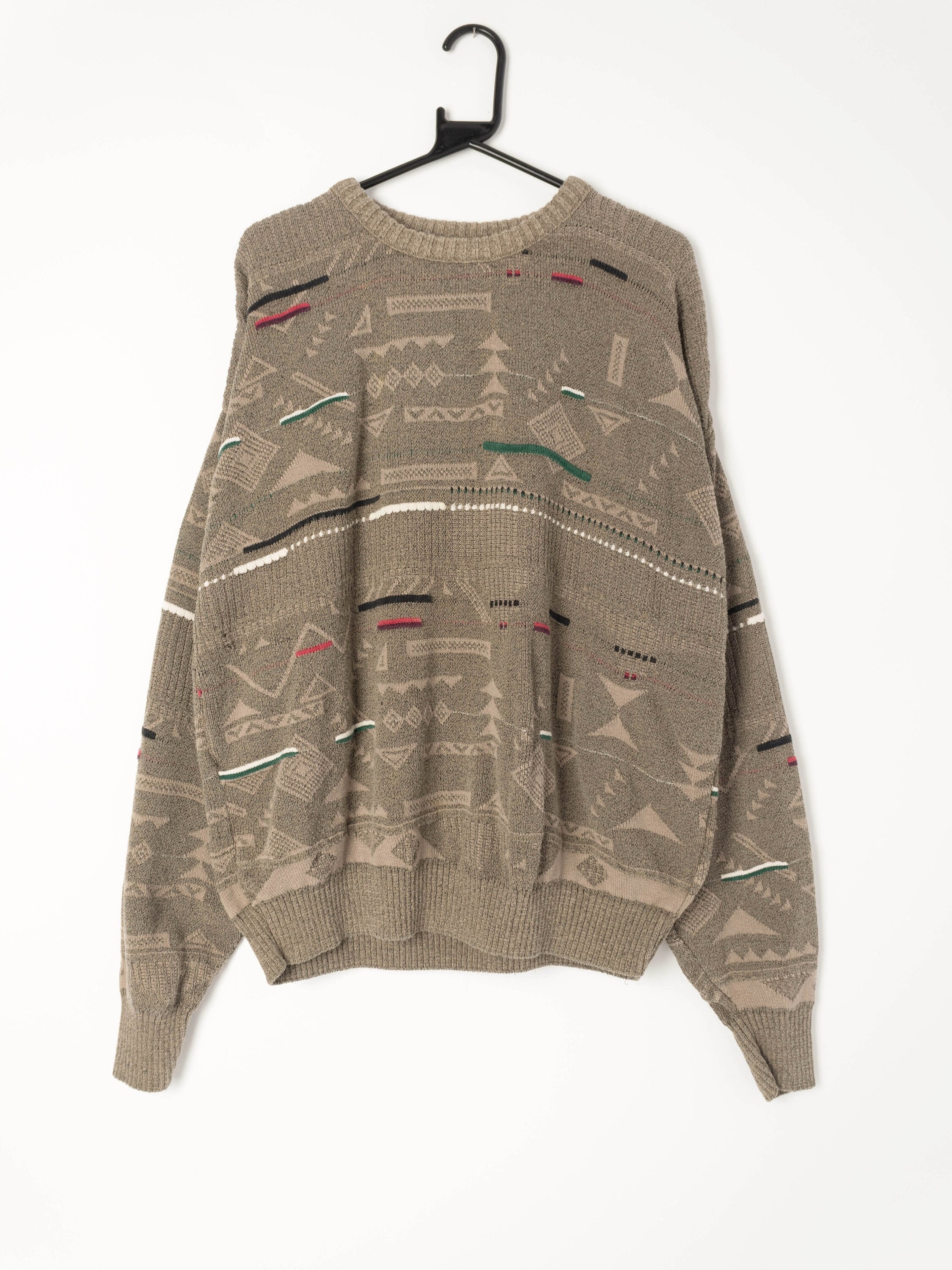 StCyrVintage 90s Vintage London Fog Crewneck Oversized Jumper in Mushroom Grey with Abstract Design. Cotton. Made in USA - Extra Large / 2XL