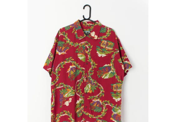 Y2K Vintage Pataloha Red Hawaiian Shirt With Bold Beach House  