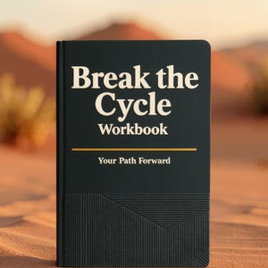 May include: A dark green hardcover workbook with the text Break the Cycle Workbook and Your Path Forward printed in white. A thin gold horizontal line separates the text. The bottom section features a textured pattern of embossed geometric lines.