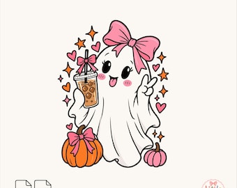 May include: A digital illustration of a white ghost with a large pink bow, holding an iced coffee with a pink bow on the straw. The ghost is making a peace sign, surrounded by pink hearts and orange stars, with an orange pumpkin and a pink pumpkin.