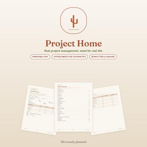 May include: A digital project management planner titled Project Home with a cactus icon. Includes text: Real project management, sized for real life, PRINTABLE PDF, HYPERLINKED FOR GOODNOTES, BONUS TRELLO BOARD, and life loosely planned. Shows three pages.