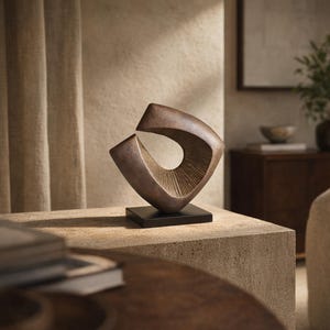 May include: A bronze-toned abstract sculpture featuring a curved, open-form design with fine, radiating linear textures on its inner surface. The sculpture is mounted on a solid, rectangular black base, creating a balanced and structured appearance.