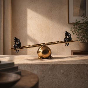 Puede incluir: Una escultura decorativa con dos figuras oscuras de aspecto humano sentadas en los extremos opuestos de una escalera horizontal dorada. La escalera se equilibra sobre una esfera central dorada y pulida que descansa sobre pequeños pies esféricos.