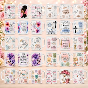May include: A collection of thirty white ceramic mugs arranged in a grid, each featuring unique colourful floral illustrations, inspirational quotes, and religious text designs, including phrases like 'I choose myself' and 'Keep praying'.