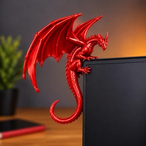 May include: A bright red dragon figurine with large, detailed wings and a long, curved tail. The dragon is perched on the top corner of a black rectangular screen, featuring textured scales across its body, sharp claws, and a pointed head.