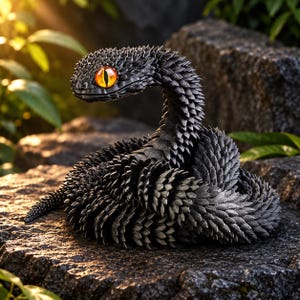 May include: A coiled snake figurine featuring a textured, dark gray, scale-like exterior and a single, prominent, bright orange eye with a vertical black pupil. The sculpture displays a detailed, layered pattern across its entire body.