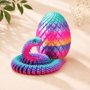 May include: A multi-colored articulated snake figurine with a gradient of teal, purple, and pink scales, featuring bright teal eyes. Beside the snake sits a matching egg-shaped container with a textured, scaly surface in the same vibrant colors.