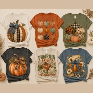 Peut inclure: Six t-shirts avec des motifs de citrouilles. En haut à gauche, un t-shirt crème avec une grosse citrouille et un nœud bleu. En haut au milieu, un orange avec neuf petites citrouilles. En haut à droite, un vert olive avec diverses citrouilles. En bas à gauche, un gris anthracite avec une citrouille et un nœud léopard. En bas au milieu, un crème avec le texte 'Pumpkin Patch'. En bas à droite, un bleu avec une citrouille et un nœud bleu.