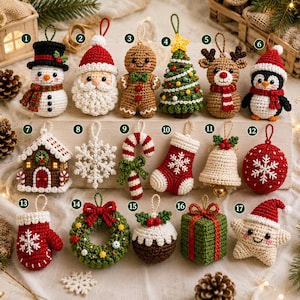 May include: A collection of seventeen crocheted Christmas ornaments featuring various designs including a snowman, Santa Claus, gingerbread person, Christmas tree, reindeer, penguin, house, snowflake, candy cane, stocking, bell, ball, mitten, wreath, pudding, gift, and star.