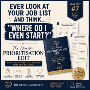 以下が含まれることがあります： The Nurse Prioritisation Editというタイトルのデジタルガイド。ダークブルーの表紙に金色の文字とハートのアイコンが特徴です。Now, Next, Laterのフレームワークやシフトのシナリオに関するページが含まれており、10ページのツールであることを示す金色のバッジが付いています。