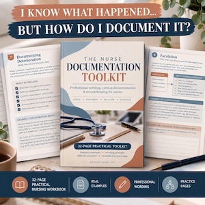 Op de afbeelding: De Nurse Documentation Toolkit is een praktisch werkboek van 32 pagina's met een blauwe, crèmekleurige en terracotta omslag. Het bevat professionele bewoordingen, klinische documentatie en richtlijnen voor verpleegkundige verslaglegging.