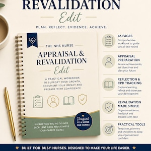 Może przedstawiać: Spiralny skoroszyt zatytułowany The NHS Nurse Appraisal & Revalidation Edit. Okładka zawiera ciemnoniebieski tekst na kremowym tle ze złotymi ikonami. Zawiera sekcje dotyczące przygotowania do oceny, refleksji oraz śledzenia rozwoju zawodowego.