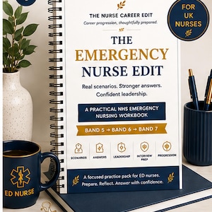 May include: A spiral-bound workbook titled The Emergency Nurse Edit with white cover, navy blue and gold text. It features sections for scenarios, answers, leadership, interview prep, and progression. Includes a navy mug with gold ED Nurse logo and pens.
