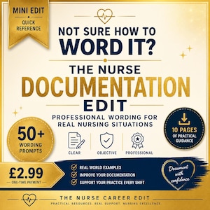 May include: A digital document titled The Nurse Documentation Edit featuring gold and navy blue text. It includes sections for 50+ wording prompts, 10 pages of practical guidance, and lists benefits like clear, objective, and professional nursing documentation.