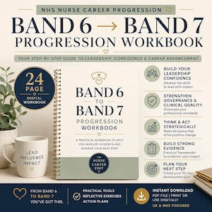 May include: A 24-page digital workbook titled Band 6 to Band 7 Progression Workbook, featuring a spiral binding, a nurse cap icon, and text detailing leadership, governance, and career advancement strategies for NHS nursing professionals.