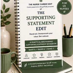 May include: A spiral-bound workbook titled The Nurse Career Edit: The Supporting Statement Edit, designed for UK nurses. The white cover features dark green text, a practical NHS nursing supporting statement guide, and icons for structure, examples, prompts, checklist, and confidence.