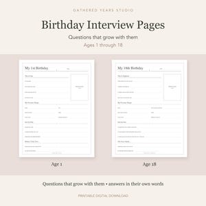 May include: Two white printable birthday interview pages with black text. The left page is titled My 1st Birthday and the right page is titled My 18th Birthday. Both include lines for answers, a photo box, and the text Gathered Years Studio.