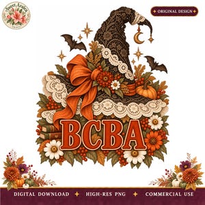 May include: A graphic design featuring a dark brown lace witch hat adorned with a large orange bow, autumn flowers, berries, and pumpkins. The text BCBA is centered in orange letters. Two bats, stars, and a crescent moon are included in the illustration.
