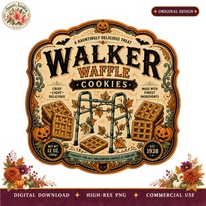 May include: A decorative label design for Walker Waffle Cookies featuring a vintage-style frame with orange and black accents. The graphic includes stacks of waffles, a metal walker, jack-o'-lanterns, and autumn leaves with text reading A HAUNTINGLY DELICIOUS TREAT, NET WT. 12 OZ. (340g), and EST. 1938.