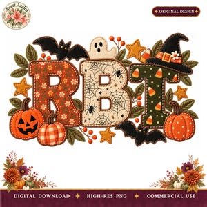 May include: A digital graphic featuring the letters RBT decorated with Halloween motifs including pumpkins, bats, a ghost, a witch hat, and spider webs. The design includes orange, green, and cream colors with floral and candy corn patterns.
