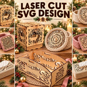 May include: A collection of laser-cut wooden boxes and containers featuring intricate patterns, including a deer silhouette, geometric mandalas, and floral cutouts, alongside woven baskets with wooden lids and a rectangular tissue box cover.