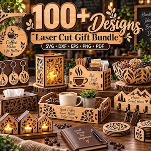 Può includere: Una collezione di oggetti in legno tagliati al laser tra cui un'insegna sospesa, portachiavi, una lanterna, una scatola per fazzoletti, un organizer per caffè, una ciotola, un vassoio, un portachiavi e sottobicchieri con vari testi.