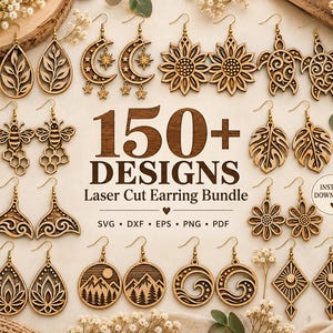 Könnte beinhalten: Eine Sammlung von lasergeschnittenen Ohrringdesigns aus Holz mit verschiedenen Formen wie Blättern, Monden, Sonnenblumen, Schildkröten, Bienen, Waben, Monstera-Blättern, Blumen, Wellen, Bergen und geometrischen Mustern mit dem Text 150+ DESIGNS Laser Cut Earring Bundle.
