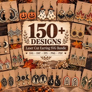 Puede incluir: Una colección de pendientes de madera cortados con láser en tarjetas individuales, con diseños como gatos, lunas, fantasmas, calabazas, murciélagos, hojas, arañas, girasoles, abejas, setas y formas geométricas, con el texto 150+ DESIGNS Laser Cut Earring SVG Bundle.