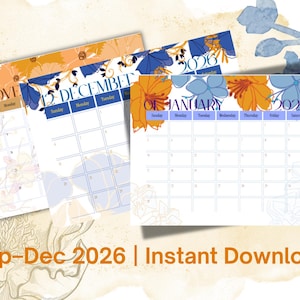 May include: A set of three calendar pages for November 2026, December 2026, and January 2027, featuring floral illustrations in orange and blue. Each page displays the month name, year, days of the week, and a grid for dates. Text reads Sep-Dec 2026.
