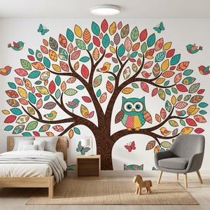 May include: A wall mural featuring a large brown tree with patterned, multi-colored leaves in shades of red, yellow, teal, and orange. The tree includes illustrations of a central owl, several smaller birds, and butterflies on a white background.