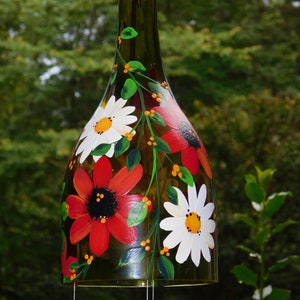 Wind Chimes, Hand painted, Recycled Wine Bottles, Garden Art, Home Décor, Outdoor Art, Meditating Décor, Wine Chimes, Strawberry Daisys