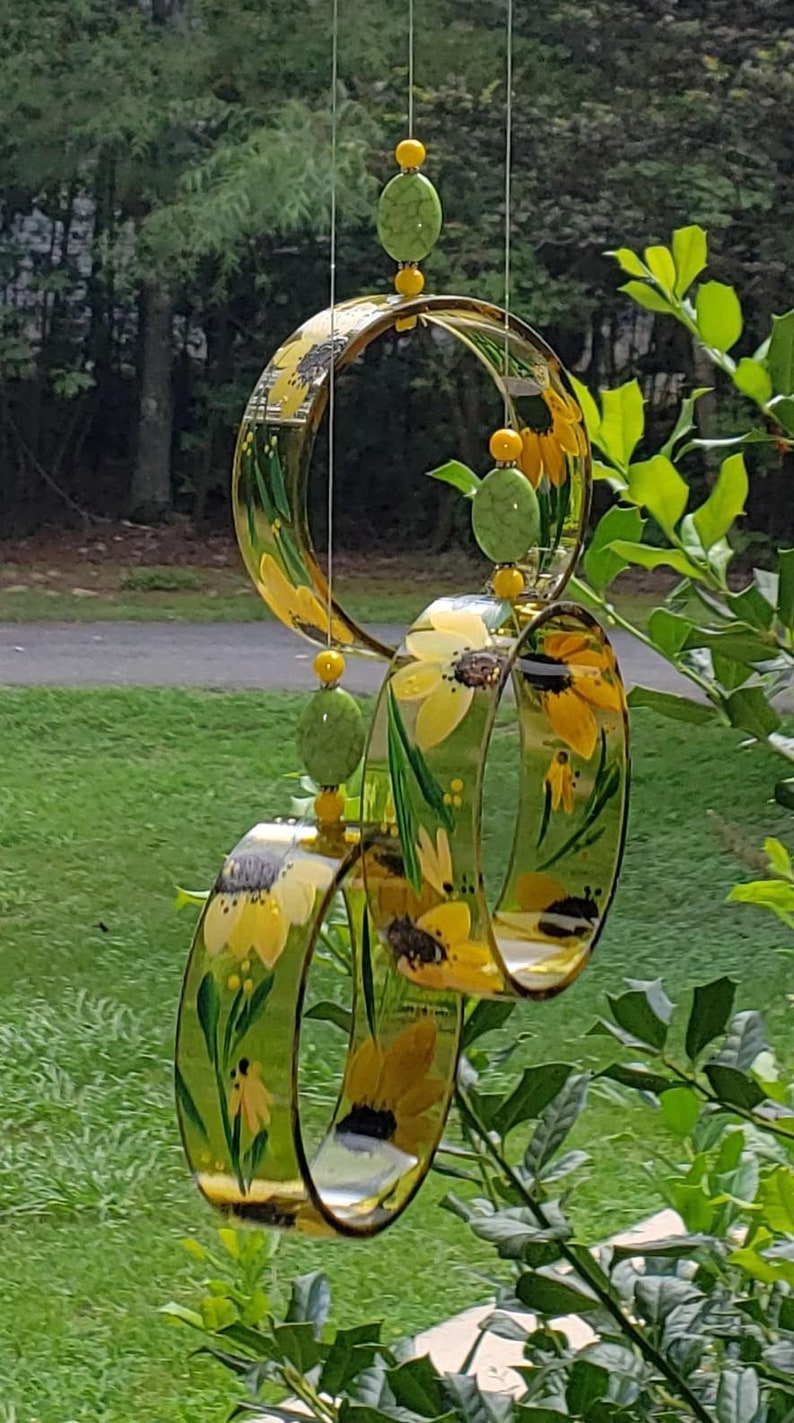 Wind Chime Black Eyed-Susan made from recycled wine bottle fashioned into a Wine-Chime!